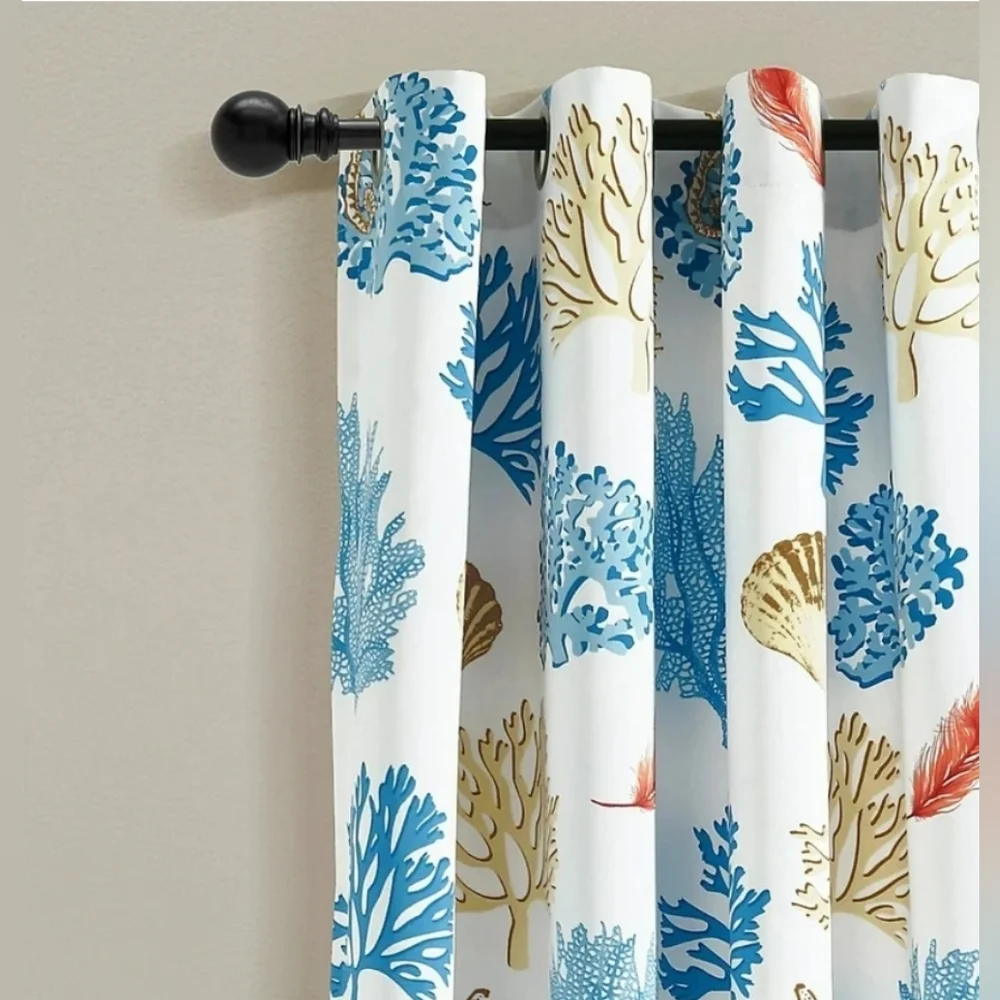 LUSH DECOR Coastal Reef Feather Window Panels Light Filtering Blue/Coral 52x84in